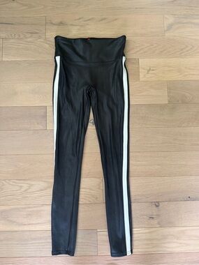 SPANX Black High-Waist Leggings with White Side Stripes